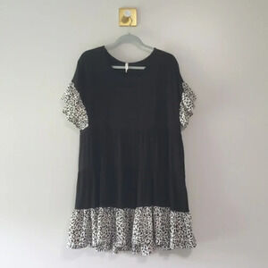 Beeson River Tiered Dress XL Extra Large Black White Animal Print Ruffle Comfy